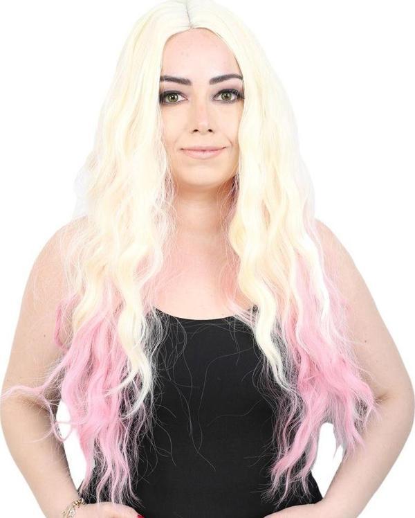  Fiber Sentetik Uzun Su Dalgası Peruk - Platin / Pembe Ombreli - Image 1