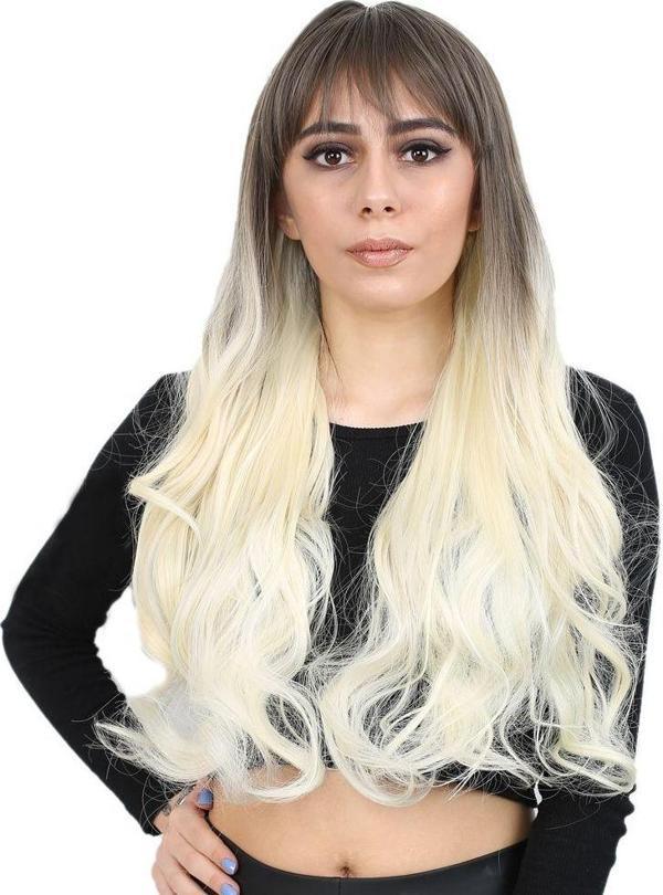  Kahküllü Uzun Dalgalı Fiber Sentetik Peruk - Küllü Açık Kahve / Platin Ombreli - Image 1