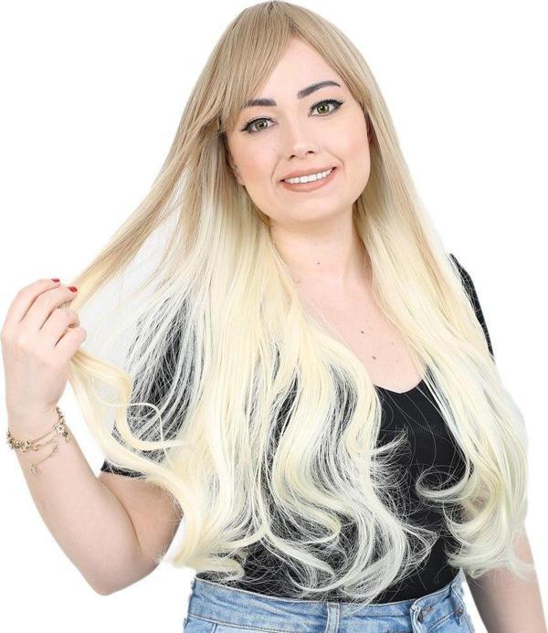  Kahküllü Uzun Dalgalı Fiber Sentetik Peruk - Küllü Balköpüğü / Platin Ombreli - Image 1