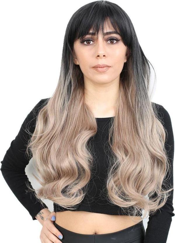  Kahküllü Uzun Dalgalı Fiber Sentetik Peruk - Siyah / Küllü Bebek Sarı  Ombreli - Image 1