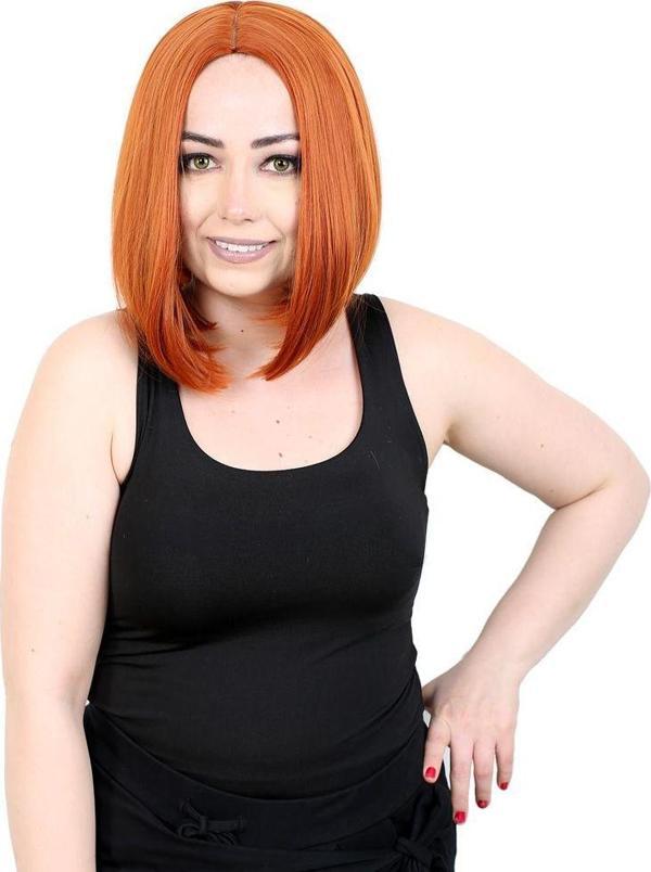  Kahkülsüz Düz Kısa Fiber Sentetik Peruk - Bakır - Image 1