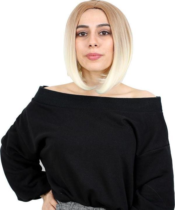  Kahkülsüz Düz Kısa Fiber Sentetik Peruk - Balköpüğü / Platin Ombreli - Image 1
