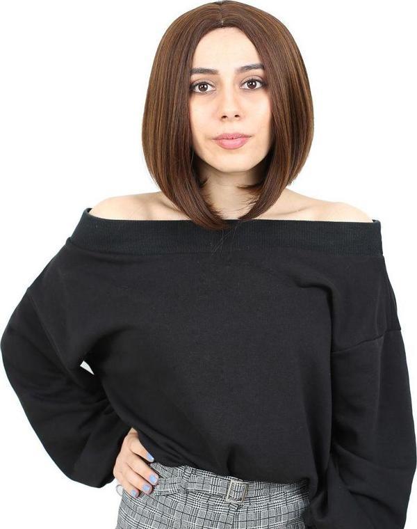  Kahkülsüz Düz Kısa Fiber Sentetik Peruk - Kahve Karamel - Image 1
