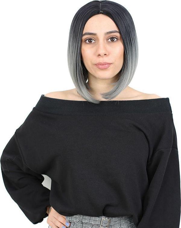  Kahkülsüz Düz Kısa Fiber Sentetik Peruk - Siyah / Gri Ombreli - Image 1
