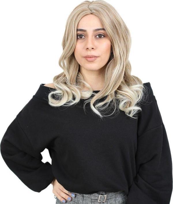  Kahkülsüz Fiber Sentetik Orta Boy Dalgalı Peruk - Karamel / Platin Röfleli - Image 1