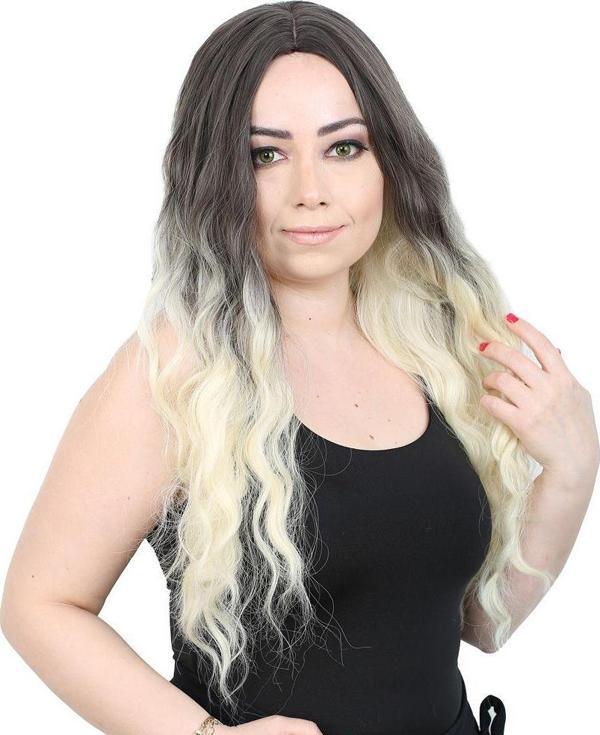  Su Dalgası Uzun Perçemsiz Fiber Sentetik Peruk - Küllü Siyah / Platin Ombreli - Image 1