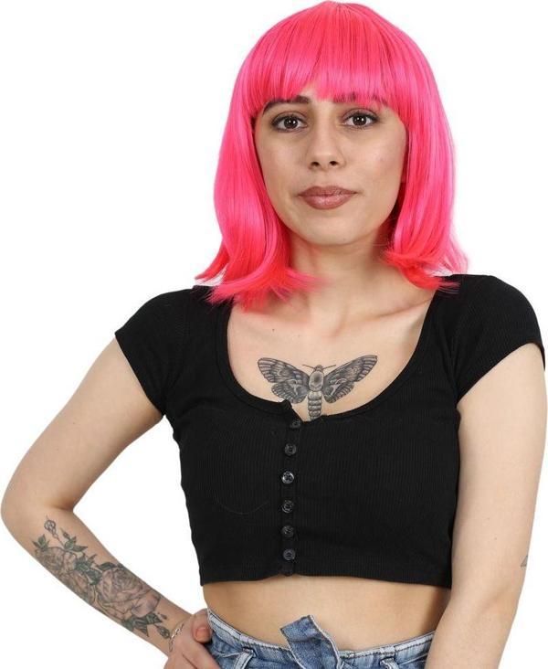  Küt Kahküllü Fiber Sentetik Peruk - Neon Pembe - Image 1