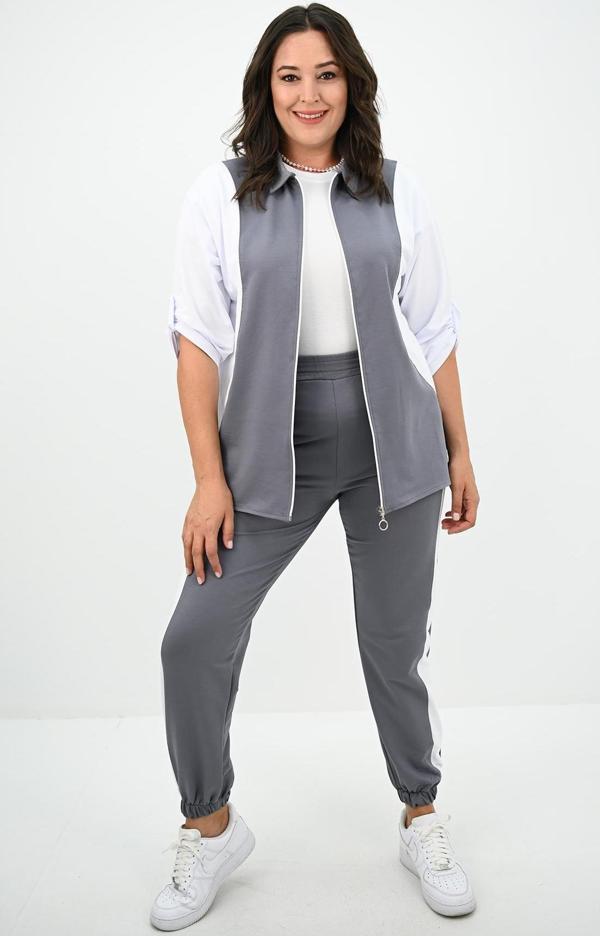 Kadın Büyük Beden Gömlek Yaka Fermuarlı Eşofman Takımı 8141-25 - Image 1