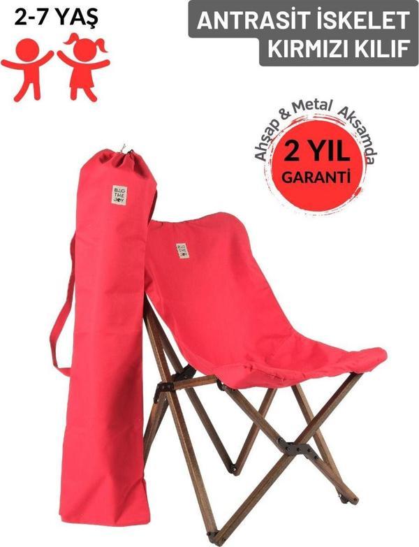 Kids Ahşap Katlanır Kamp & Bahçe Sandalyesi – Antrasit İskelet - Kırmızı  Kılıf - Image 1