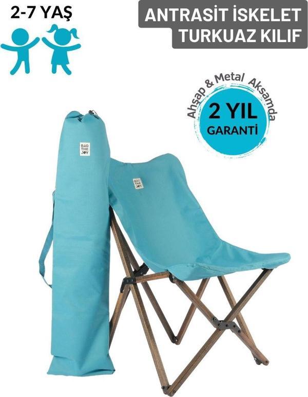 Kids Ahşap Katlanır Kamp & Bahçe Sandalyesi – Antrasit İskelet - Turkuaz  Kılıf - Image 1