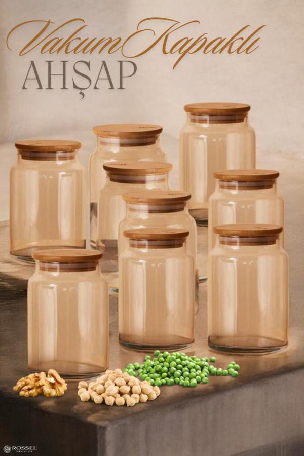 Rossel Premium 9lu Kaliteli Ahşap Kapaklı Cam Kavanoz SER85 800ML ÇDR - Image 1