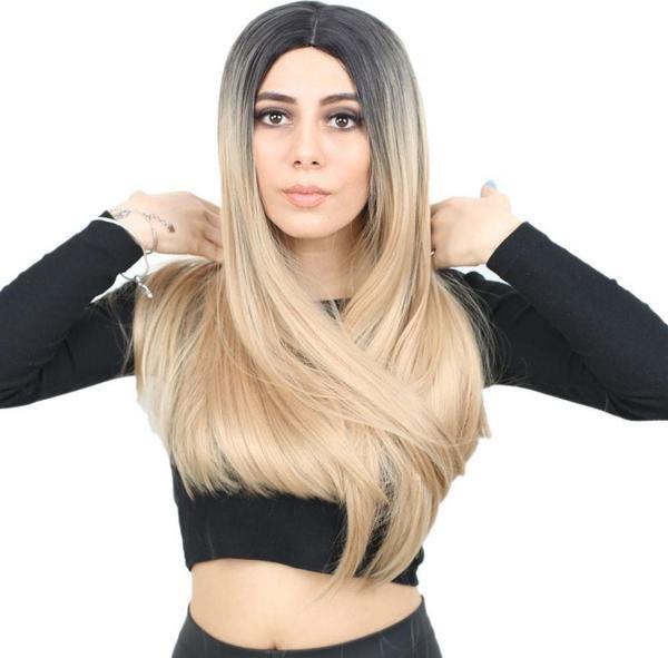  Fiber Sentetik Uzun Düz Peruk - Siyah / Balköpüğü Ombreli - Image 1