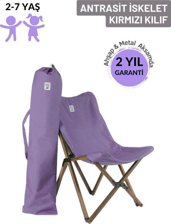 Kids Ahşap Katlanır Kamp & Bahçe Sandalyesi – Antrasit İskelet - Mor  Kılıf - Image 1