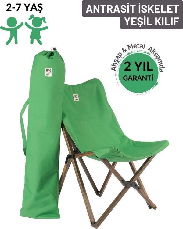 Kids Ahşap Katlanır Kamp & Bahçe Sandalyesi – Antrasit İskelet - Yeşil Kılıf - Image 1