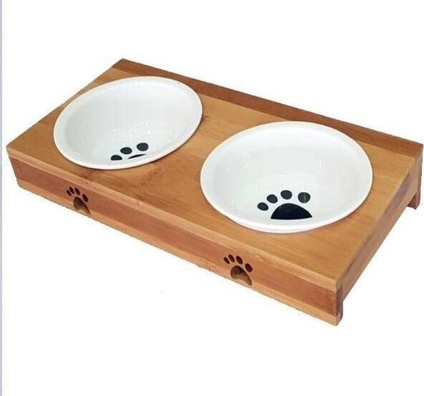 Carno Ahşap Sehpalı İkili Seramik Mama Kabı - Image 1