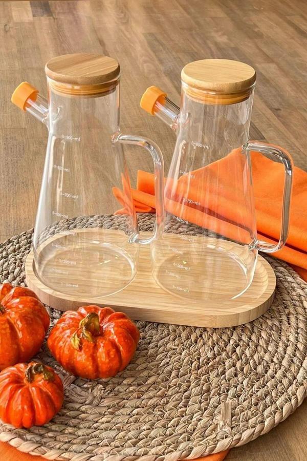 Kapris 2 Adet Bambu Kapaklı Borosilikat Cam Yağlık Sirkelik 900ml 16532 - Image 1