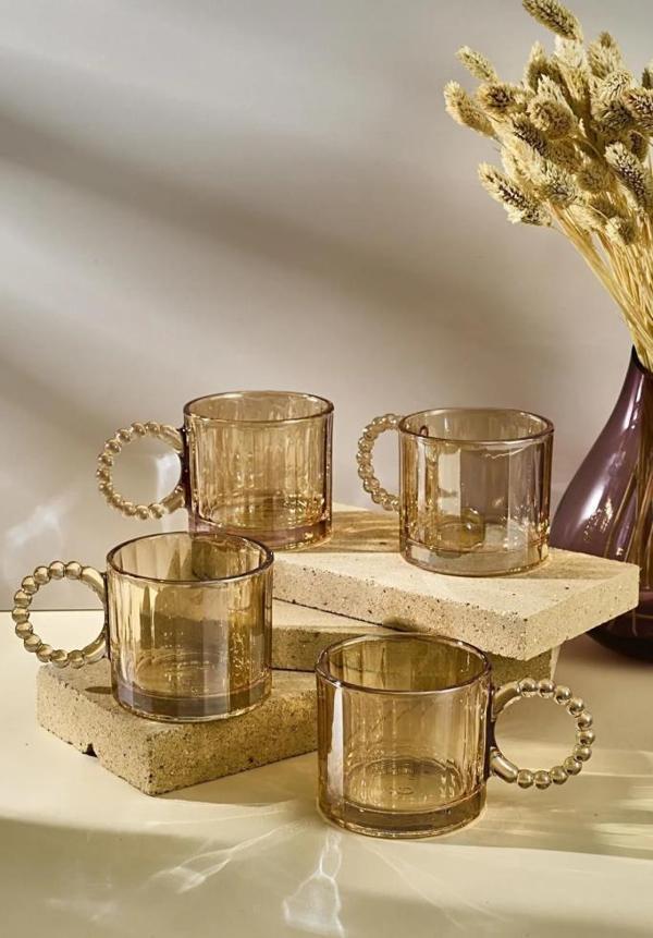 Perotti Amber Renkli 4'lü Boncuk Kulplu 200ml Kupa Bardak 15922 - Image 1