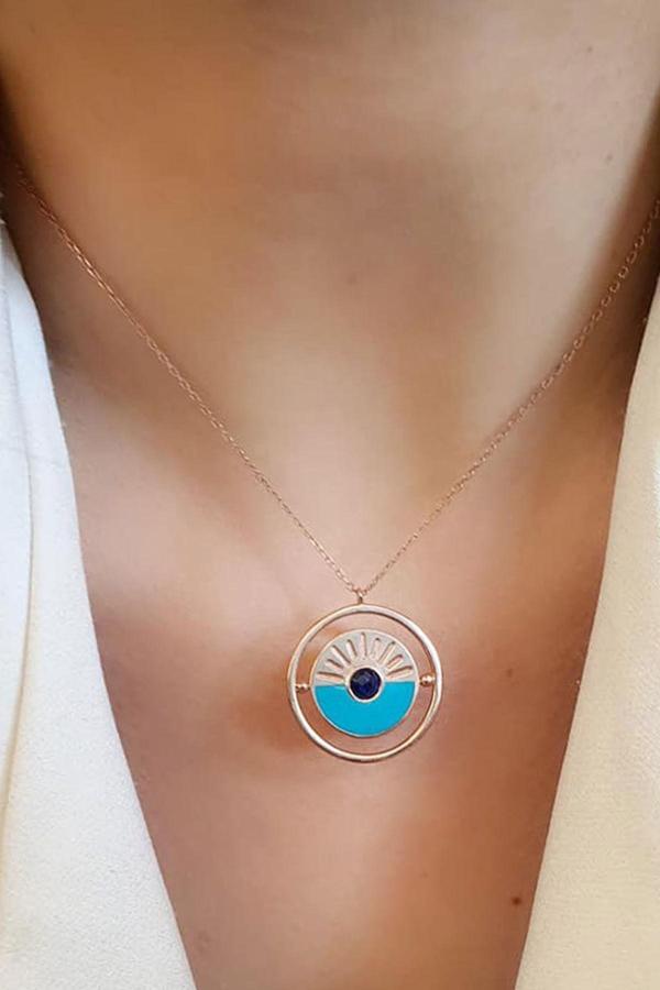 Cift taraflı kullanılabilir hareketli lacivert zirkon taş detaylı mineli plaka kolye - Image 1