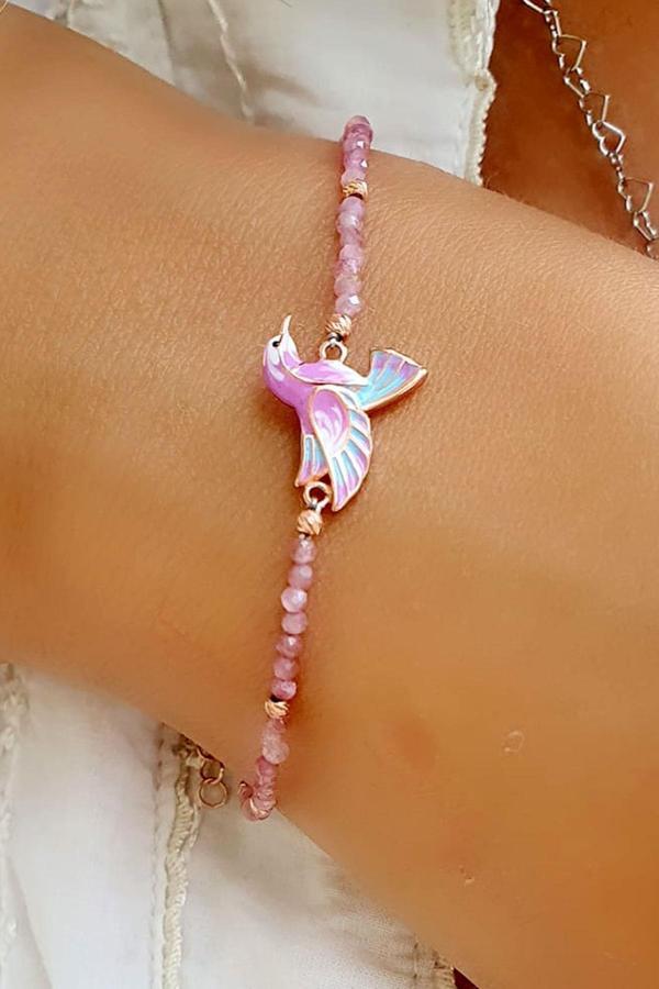 925ayar Gümüş Üzerine Rose Altın Kaplama Mine İşçiliği Totem Kuşu Doğal Pembe Kuvars  Taşlı Bileklik - Image 1