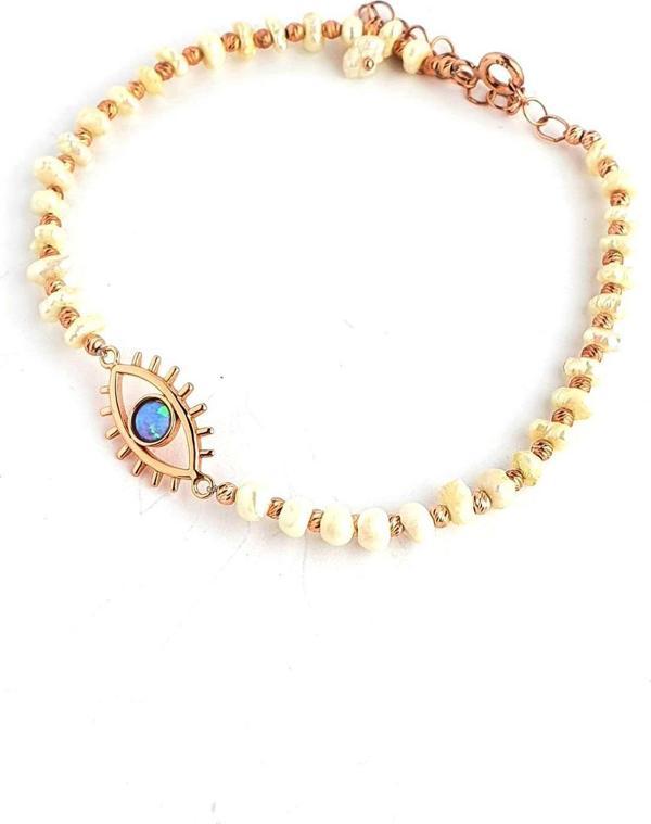 Barok İncili 925ayar Gümüş Rose Detaylı opal göz Bileklik - Image 1
