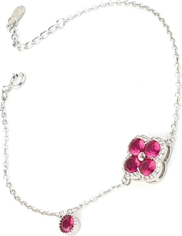 Pembe Zirkon Taşlı 925ayar Gümüş Yonca Bileklik - Image 1