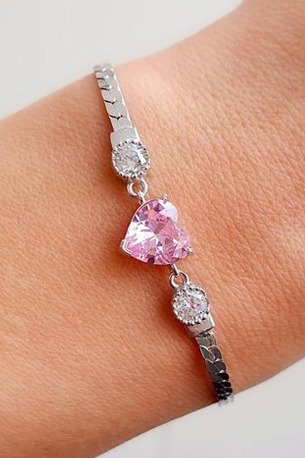 Pırlanta Parlaklığında Pembe Zirkon Taşlı 925ayar Gümüş Kalp Bileklik  - Image 1