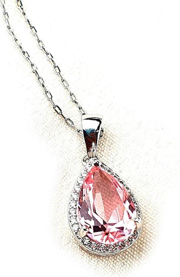 Sky Diamond Pink Morganit Taşlı 925 ayar Gümüş Lüks Damla Kolye  - Image 1