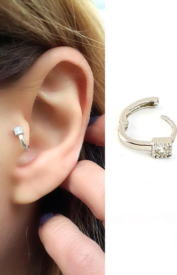 925ayar Gümüş Zirkon Taş Detaylı İtalyan Tragus Kıkırdak Halka Küpe - Image 1