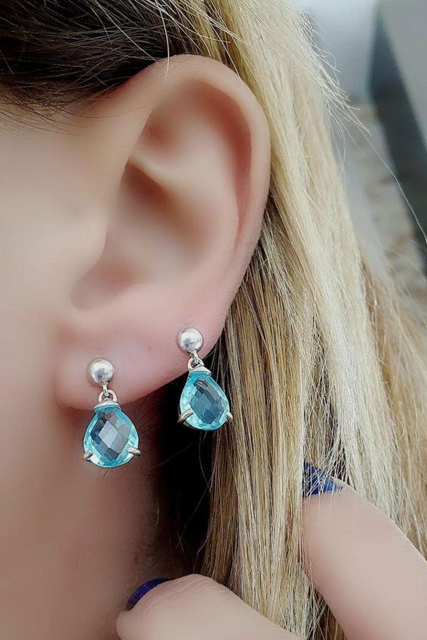 Aquamarin Taşlı 925ayar Gümüş Minimal Damla küpe - Image 1