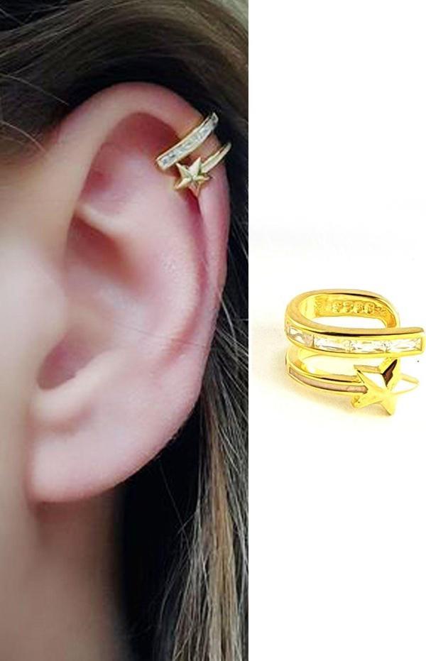 Baget Zirkon Taş Detaylı 925 ayar Gümüş Altın Trend Sıkıştırmalı Earcuff Kıkırdak Küpesi - Image 1
