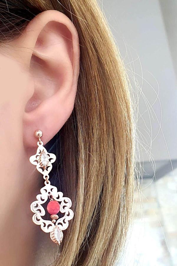 Mercan taşlı 925 ayar Gümüş Rose Tasarım Küpe - Image 1