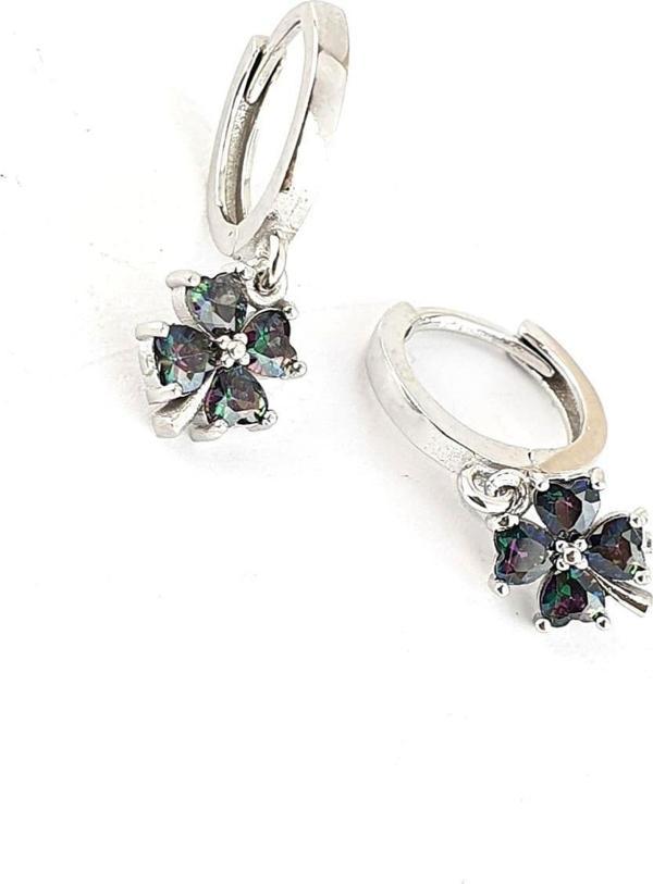 Mistik Topaz Taşlı 925ayar Gümüş Yonca Figürlü Trend Küpe - Image 1