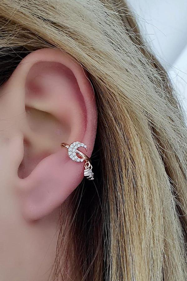 Pırlanta Parlaklığında Zirkon Taşlı 925ayar Gümüş İtalyan Sıkıştırmalı Kıkırdak Earcuff Küpesi - Image 1