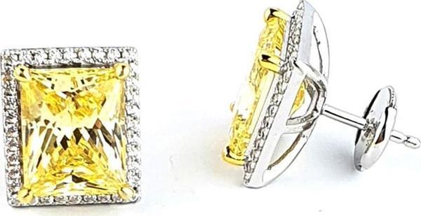 Sky Diamond Yellow Sitrin Taşlı 925ayar Gümüş Üzerine Beyaz Altın Kaplama Baget Tek Taş Küpe  - Image 1