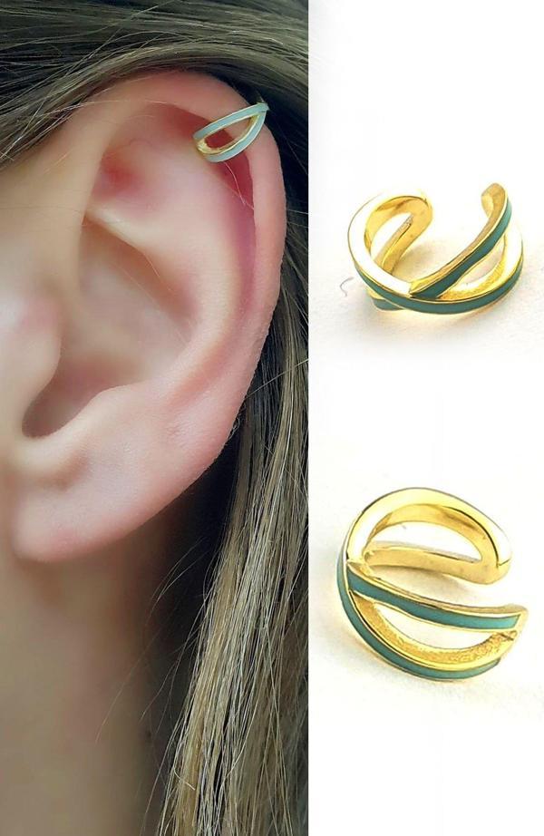 Su yeşili Mineli 925ayar Gümüş Earcuff Sıkıştırmalı Kıkırdak Küpes - Image 1