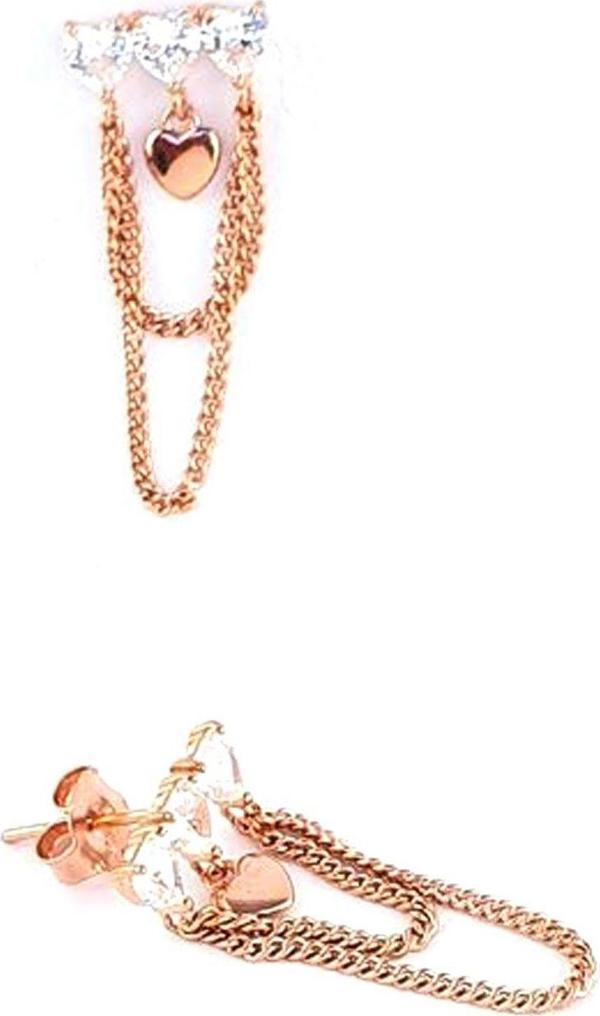 Pırlanta Parlaklığında Zirkon Taşlı Gümüş Üzerine Rose Altın Kaplama Kalp Figürlü Zincir Detaylı Trend Küpe - Image 1