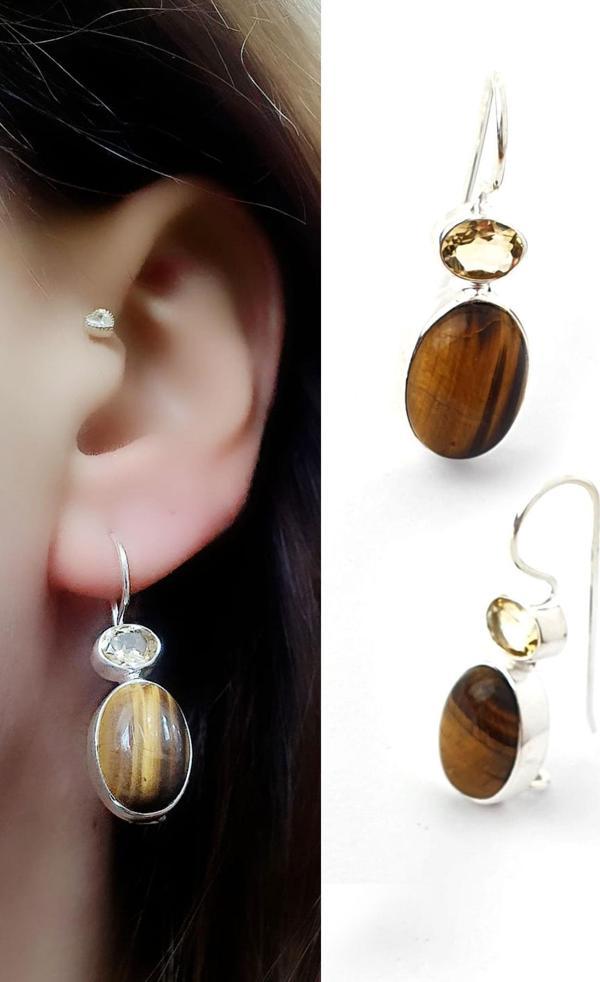 Sitrin Taşlı Kaplan gözü  Taşı 925ayar Gümüş Tasarım Küpe - Image 1