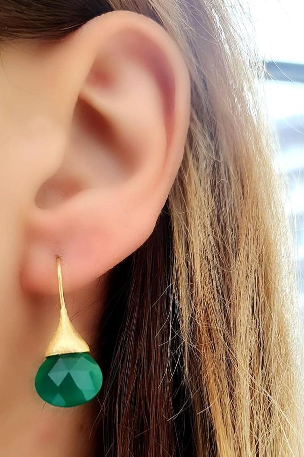 Yeşim Taşlı 925ayar Gümüş Üzerine Altın Kaplama Tasarım Doğal Taş Küpe  - Image 1