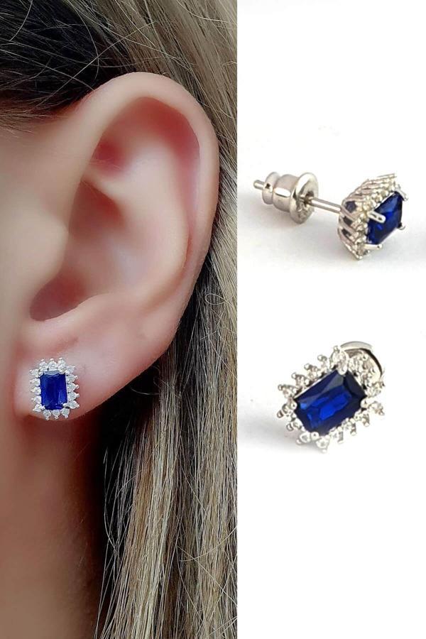 Sky Diamond Blue Creative Sapphire Taşlı 925 ayar Gümüş Lüks Tek Taş Küpe - Image 1