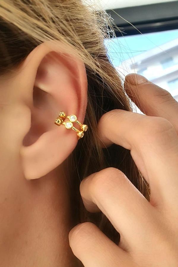 Zirkon Taş Detaylı 925ayar Gümüş Üzerine Altın Kaplama Tasarım Sıkıştırmalı Earcuff Kıkırdak Küpe - Image 1