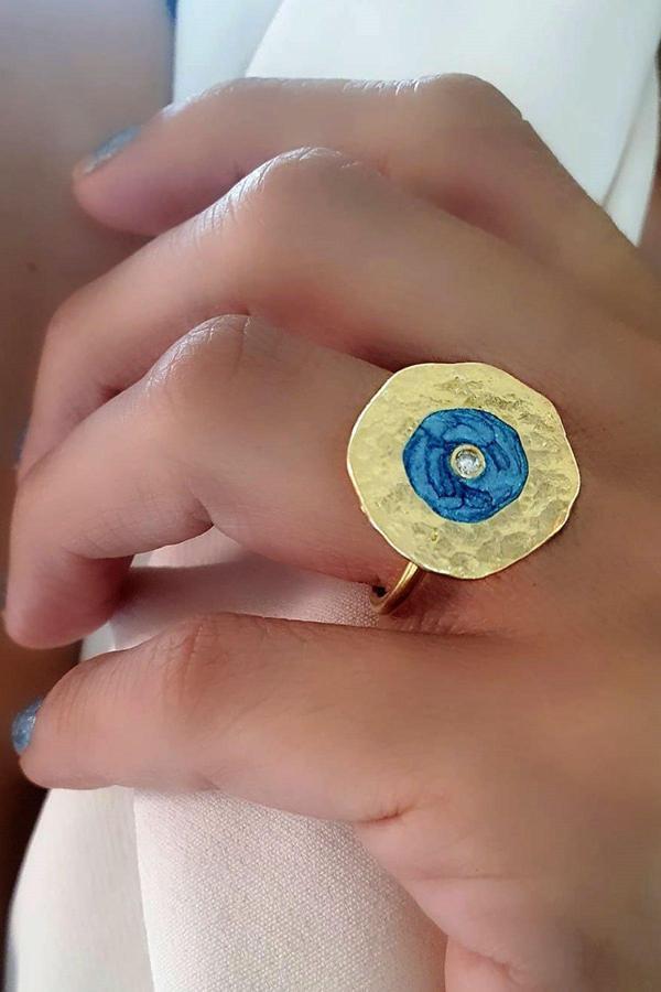 925 ayar Gümüş Üzerine Altın Kaplama Tasarım Mine İşçiliği Nazar Boncuğu Ayarlanabilir Yüzük - Image 1