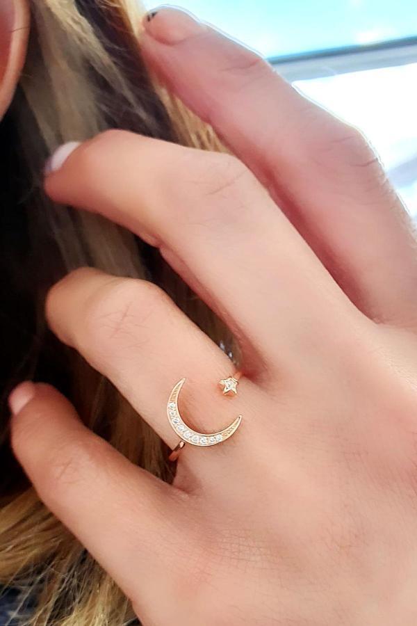 Ayarlanabilir  925ayar Gümüş Üzerine Rose  Altın Kaplama Ay Yıldız Yüzük  - Image 1