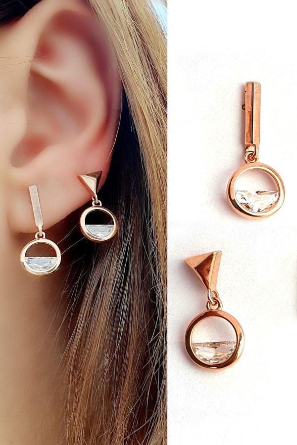 Zirkon Taşlı 925ayar Gümüş Rose Asimetrik İtalyan Küpe  - Image 1