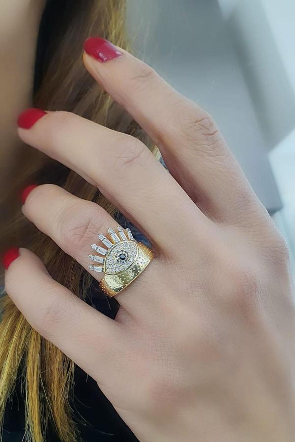 Göz Figürlü 925ayar Gümüş Üzerine Altın Kaplama Luxury Tasarım Ayarlanabilir Yüzük  - Image 1