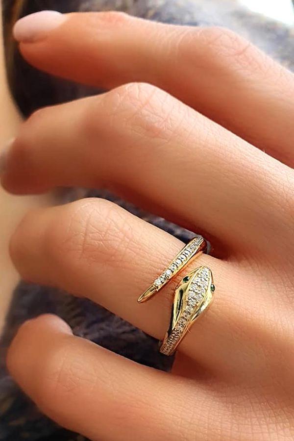 Pırlanta Parlaklığında Zirkon Taşlı 925ayar Gümüş Üzerine Altın Kaplama Luxury Tasarım Ayarlanabilir Yılan Yüzük - Image 1