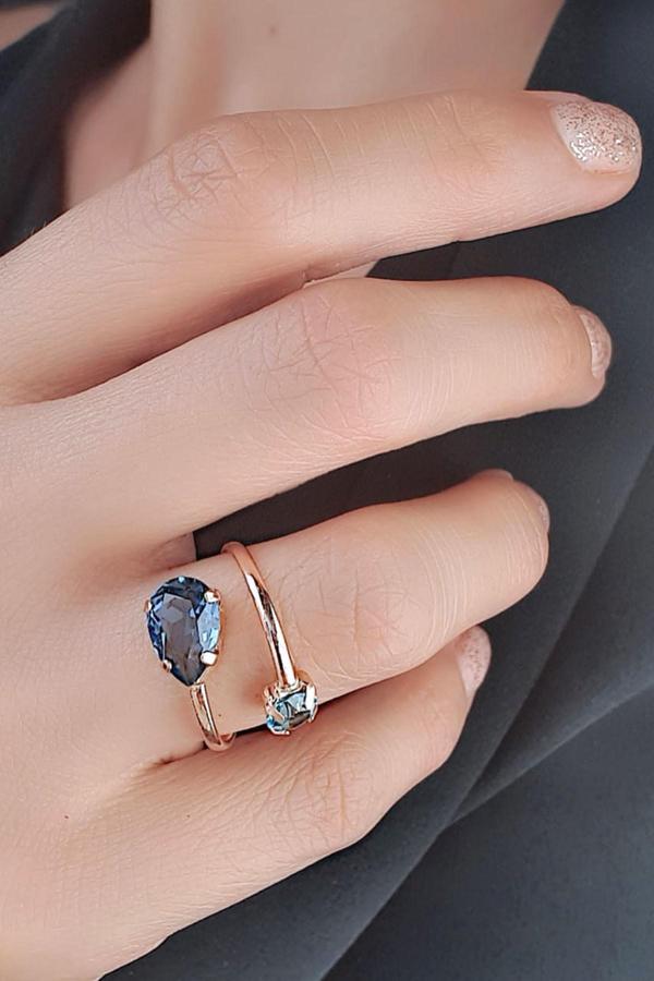 Mavi swarovski Taşlı 925ayar Gümüş üzerine rose altın kaplama Ayarlanabilir yüzük - Image 1