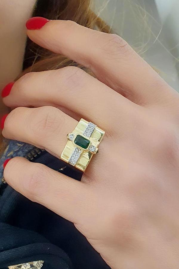 Yeşil Zirkon Taşlı 925ayar Gümüş Üzerine Altın Kaplama Luxury Tasarım Ayarlanabilir Yüzük  - Image 1