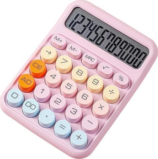 Valkyrie Renkli Çok Şirin 12 Hane Mekanik Hesap Makinesı Büyük Ekranlı 4 Fonksiyonlu Ev Ofis Okul Pembe - Image 1