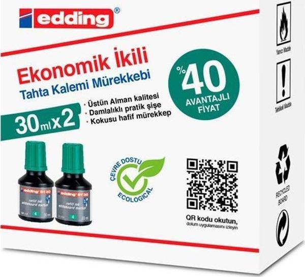 Edding BT30 Yeşil 30ml 2li Ekonomik Tahta Kalemi Mürekkebi - Image 1