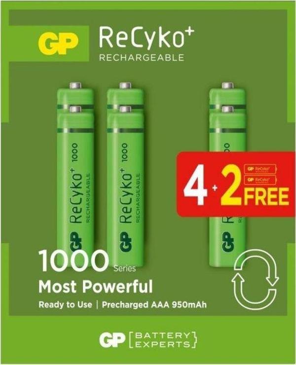 GP AAA 950 mAh Şarjlı İnce Kalem Pil 4+2'li Paket GP100AAAHCE4-2BB - Image 1